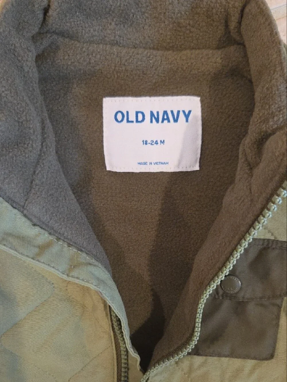 Old Navy Quilted Olive Green Vest with Dark Trim 18-24M